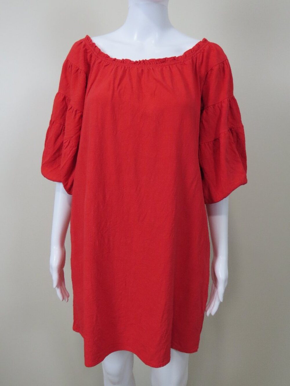 Before You Rayon Linen Blend Dress, Pockets, Puffs Sleeves SIZE Medium Red